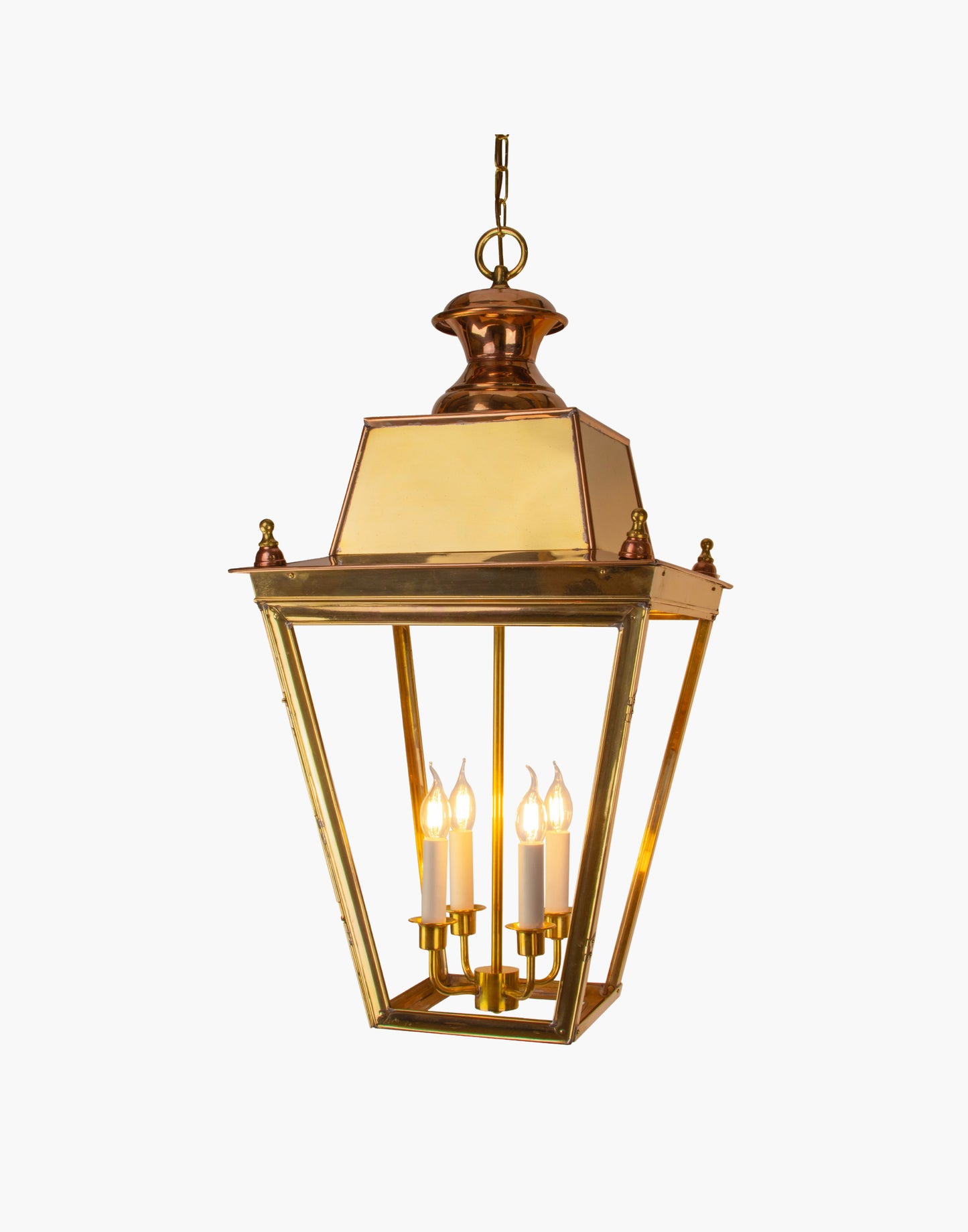 Extra Large hanging lantern with four-light cluster, handcrafted from brass and copper in a Victorian-style design.