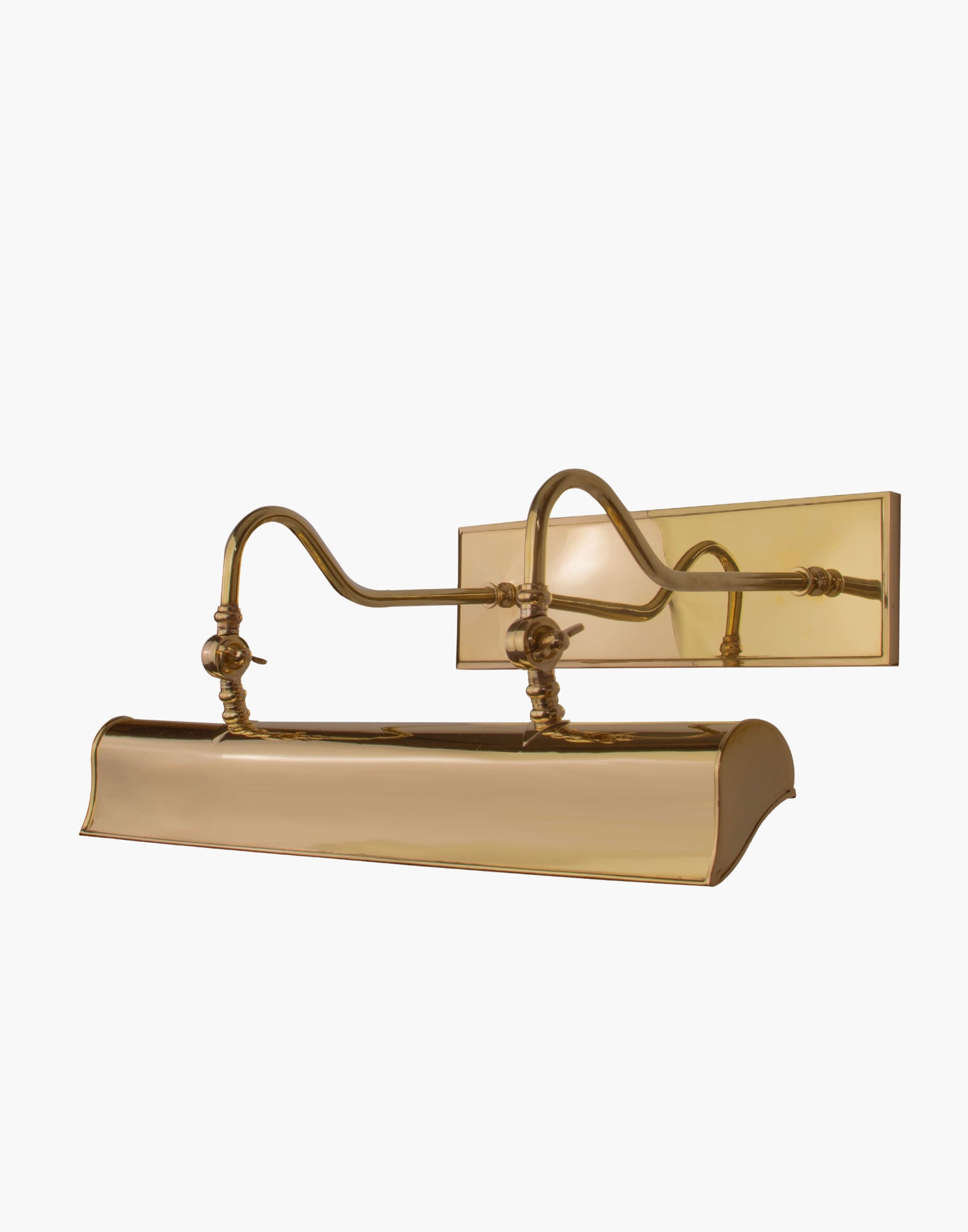 24″ trough picture light in solid brass with cast brass backplate and adjustable banjo joints, traditional handmade picture light