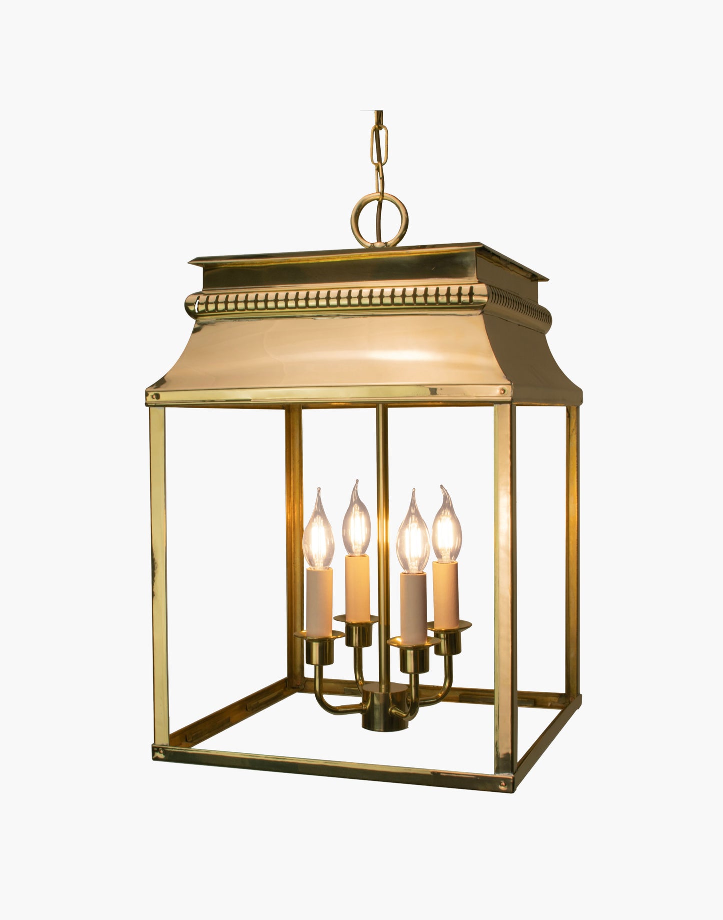 Hanging lantern in solid brass with French 19th-century–inspired fretwork, suspended ceiling lantern for interior or exterior use.