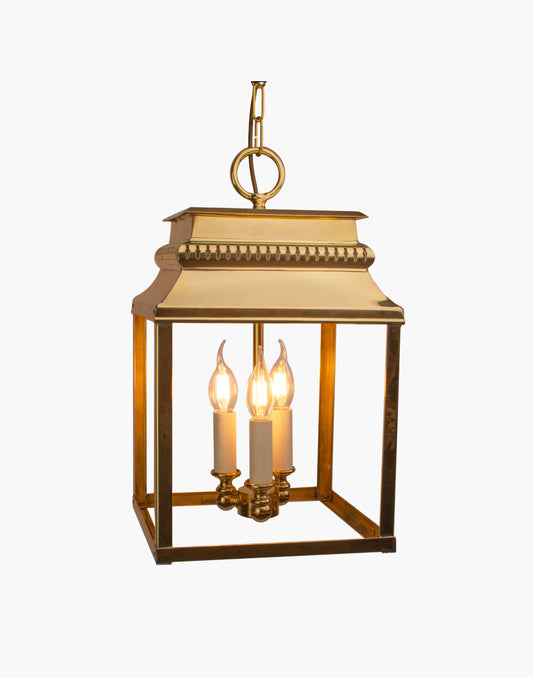 Hanging lantern in solid brass with French 19th-century–inspired fretwork, ceiling lantern for hallways or stairwells, suitable for interior or exterior use.