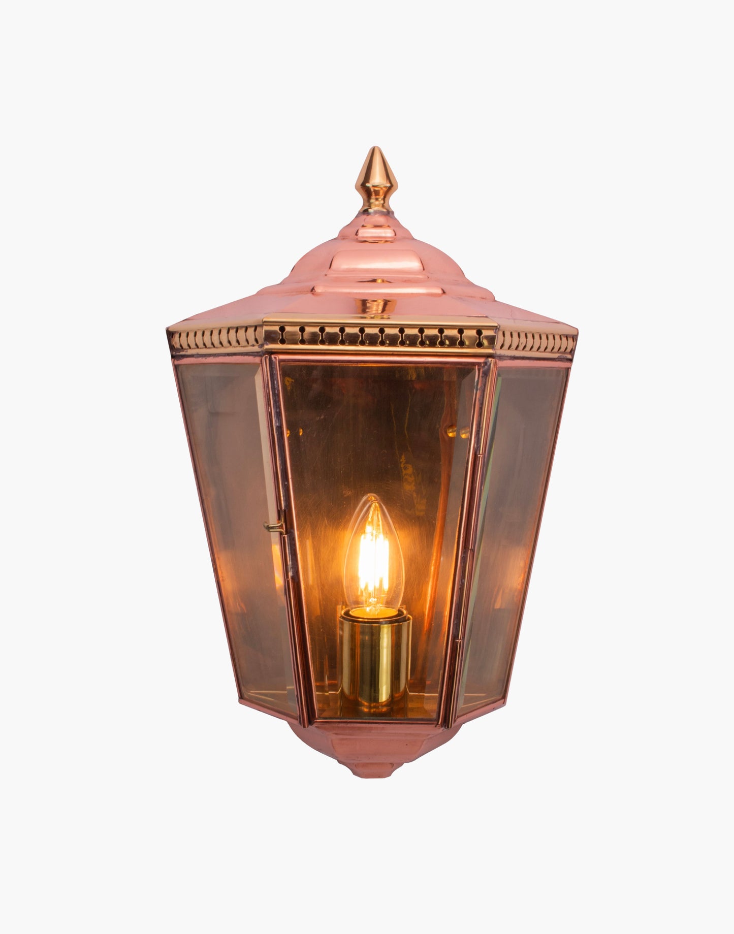 Passage Lamp in solid copper with pierced brass fretwork and beveled glass, Georgian-style flush wall lantern rated for wet locations.