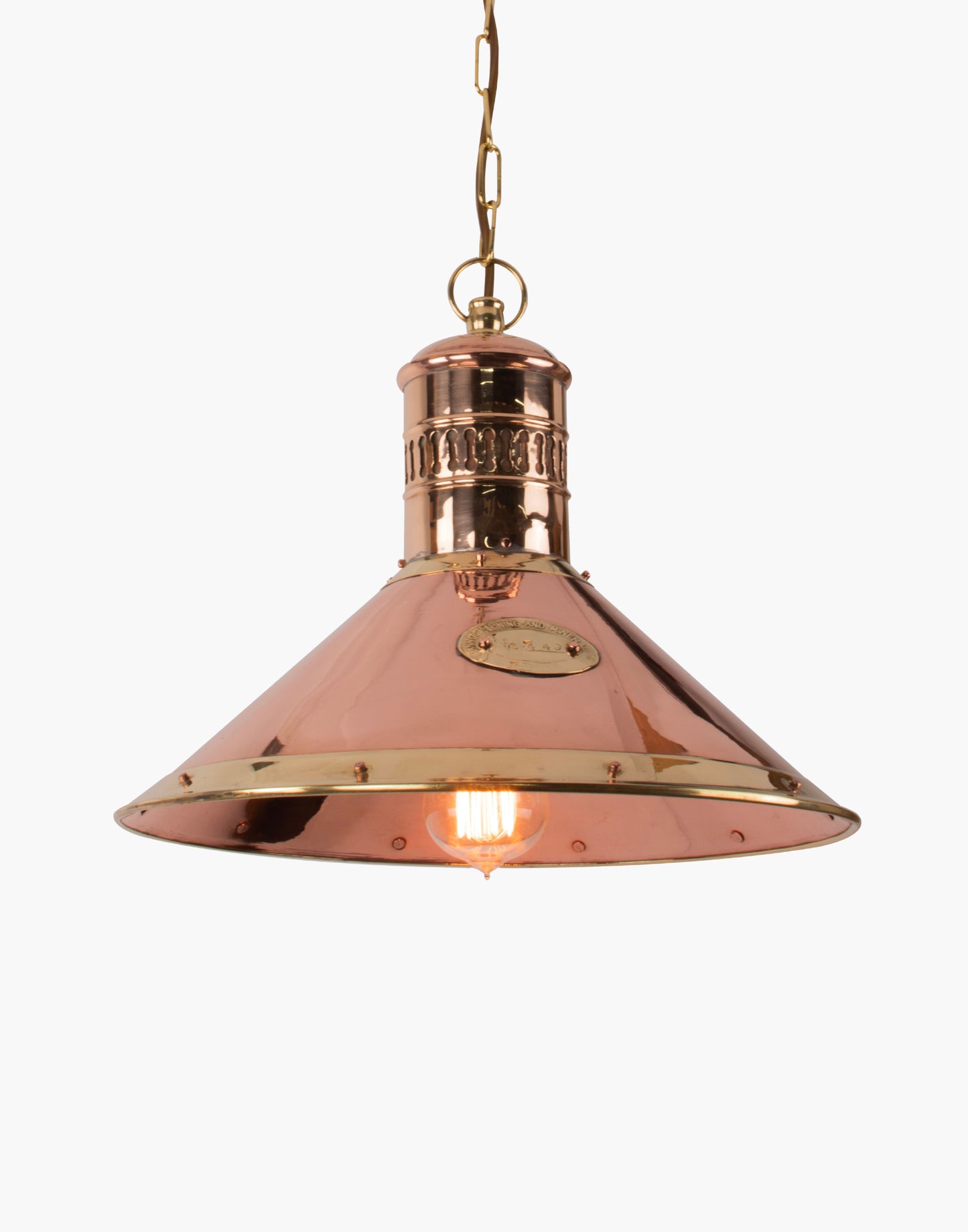 Deck lamp in solid copper with brass detailing and nameplate, suspended pendant light with chain, inspired by Cannock Mining Company design.