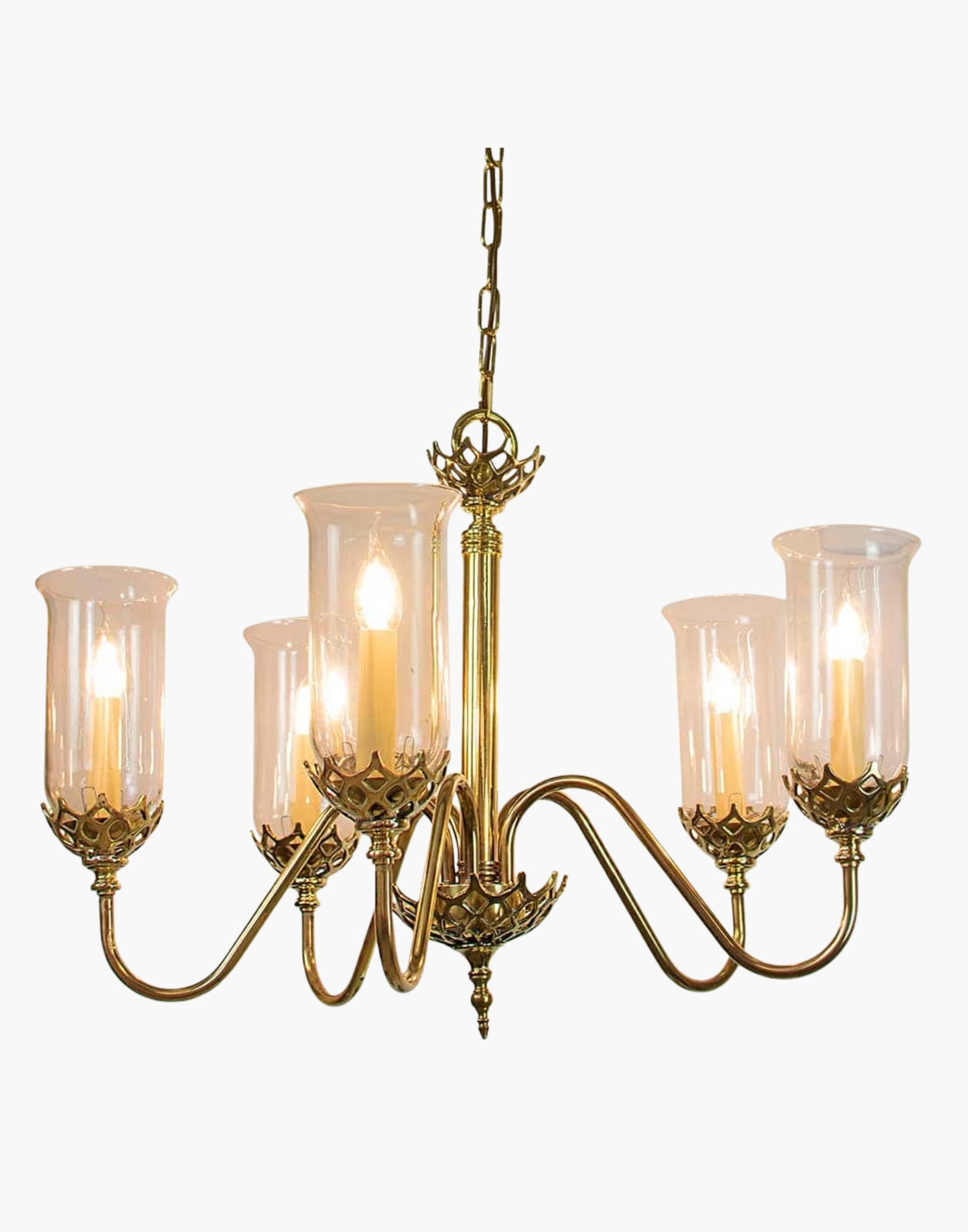 Five arm chandelier in cast brass with clear storm glasses, statement period ceiling light inspired by an 1800 Irish church original.