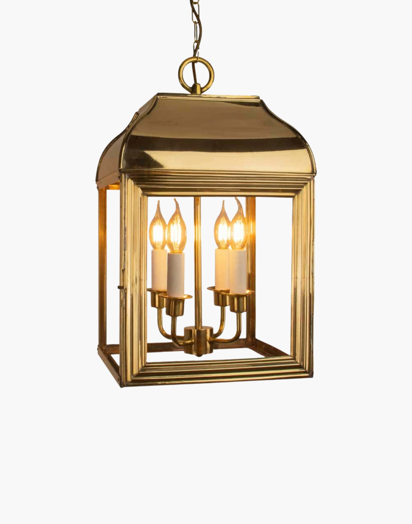 Hanging lantern in solid brass, mid-Victorian American colonial style pendant inspired by New York brownstone homes.