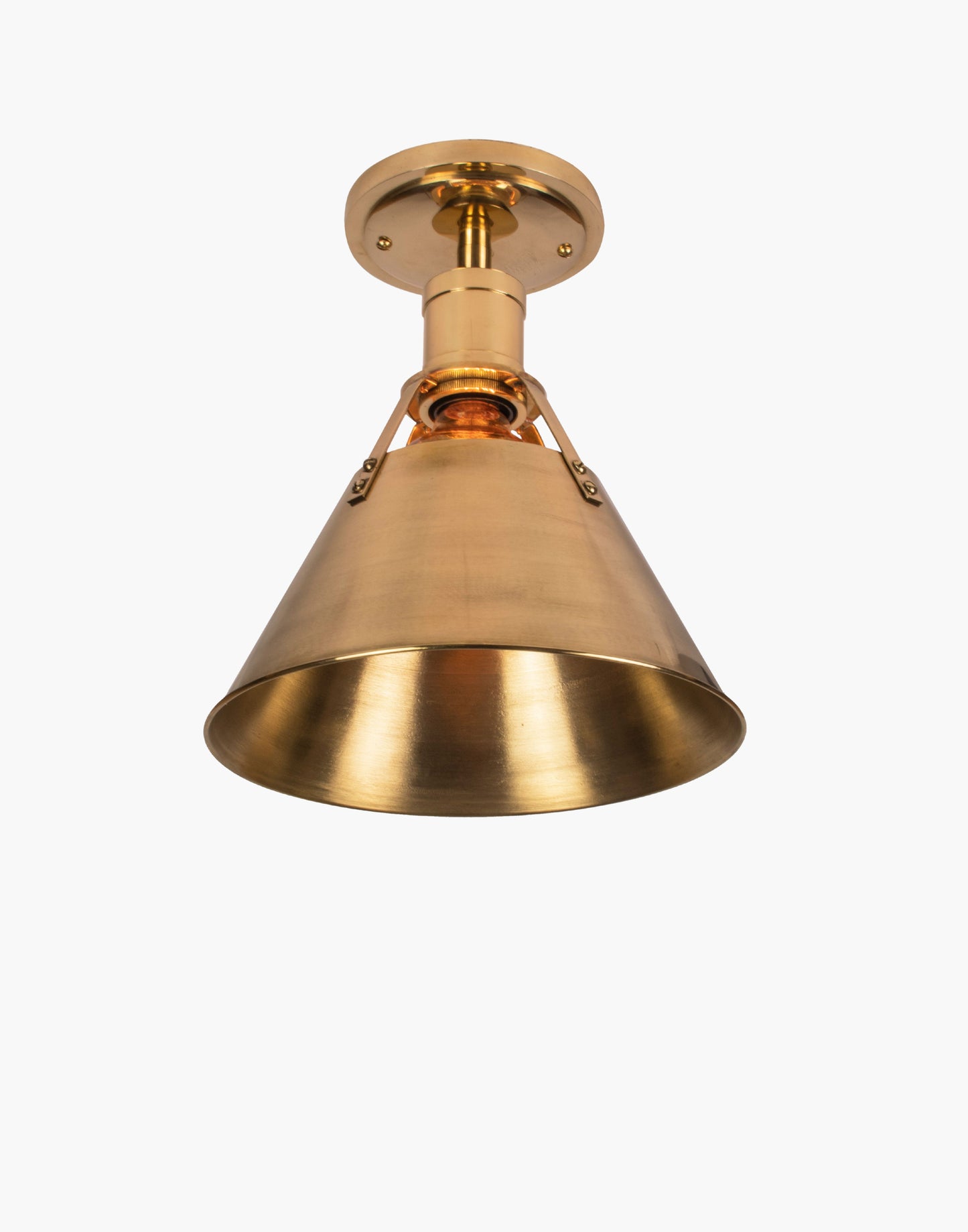 Brass pendant light with metal shade, nautical industrial transitional fixture for kitchen island, countertop, or dining table lighting.