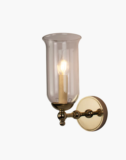 Storm Glass wall sconce single in brass with rustic storm glass shade for bathroom or interior lighting