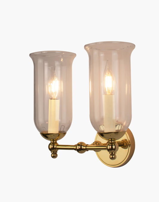 Storm Glass wall sconce twin in brass with rustic storm glass shades for bathroom or interior lighting