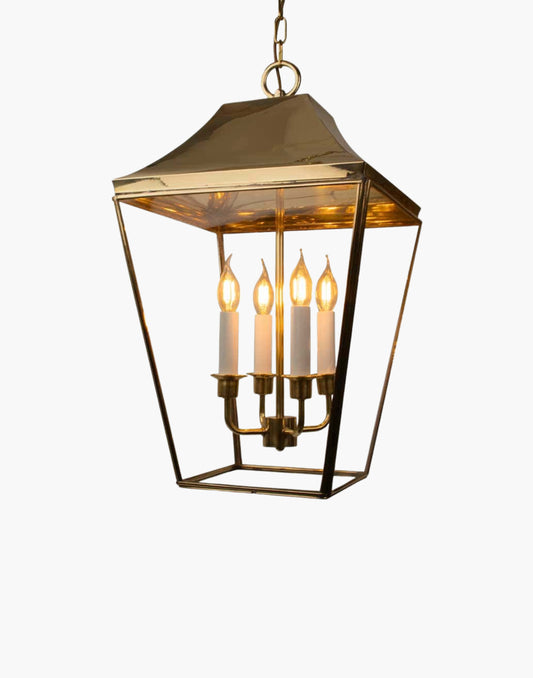 Pendant lantern in solid brass, traditional porch and hall hanging light with chain.