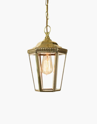 Windsor Hanging Lantern in solid brass with beveled glass and pierced fretwork, ideal for smaller period homes. Available in flush and wall variations for a matching outdoor lighting scheme.