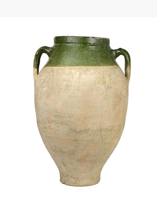 A Turkish Vintage Olive Jar with an aged cream base and an aged olive-green handled top.