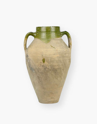 A Turkish Vintage Olive Jar with an aged cream base and an aged olive-green handled top.