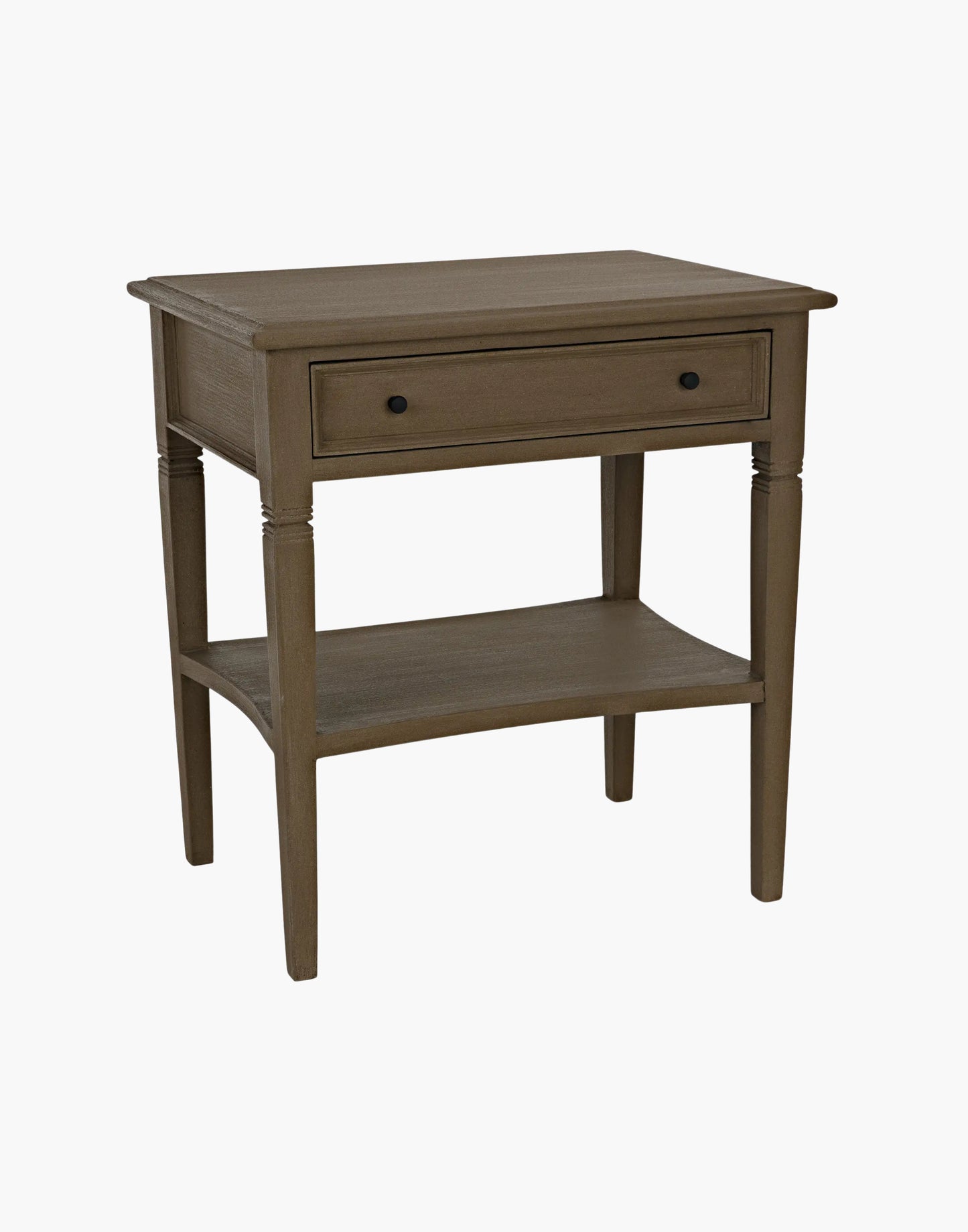 Mahogany side table with single drawer, brass pulls, tapered legs, and lower shelf, traditional design