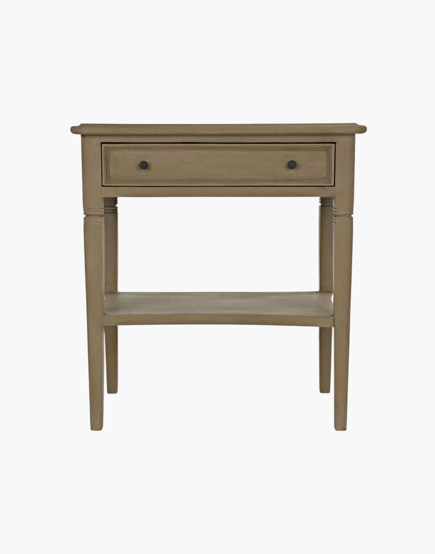 Mahogany side table with single drawer, brass pulls, tapered legs, and lower shelf, traditional design