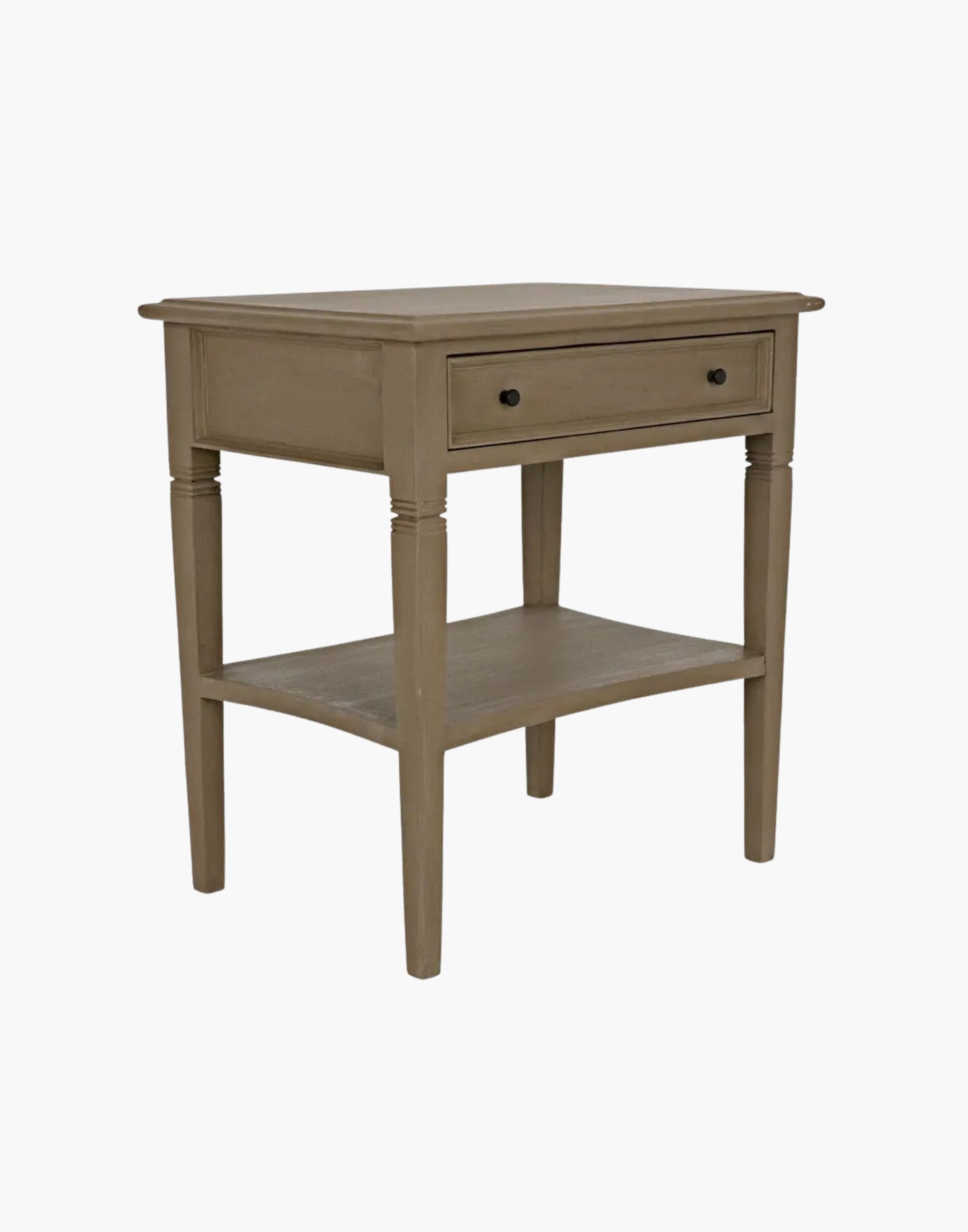 Mahogany side table with single drawer, brass pulls, tapered legs, and lower shelf, traditional design