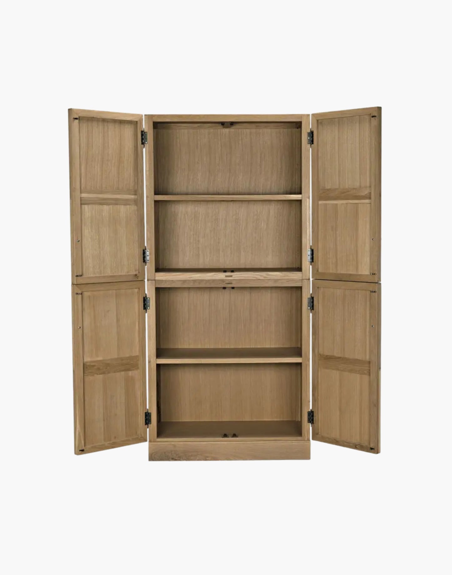 Hutch with clear finish, antique brass pulls, dual cabinets, and interior shelving for elegant storage and display.