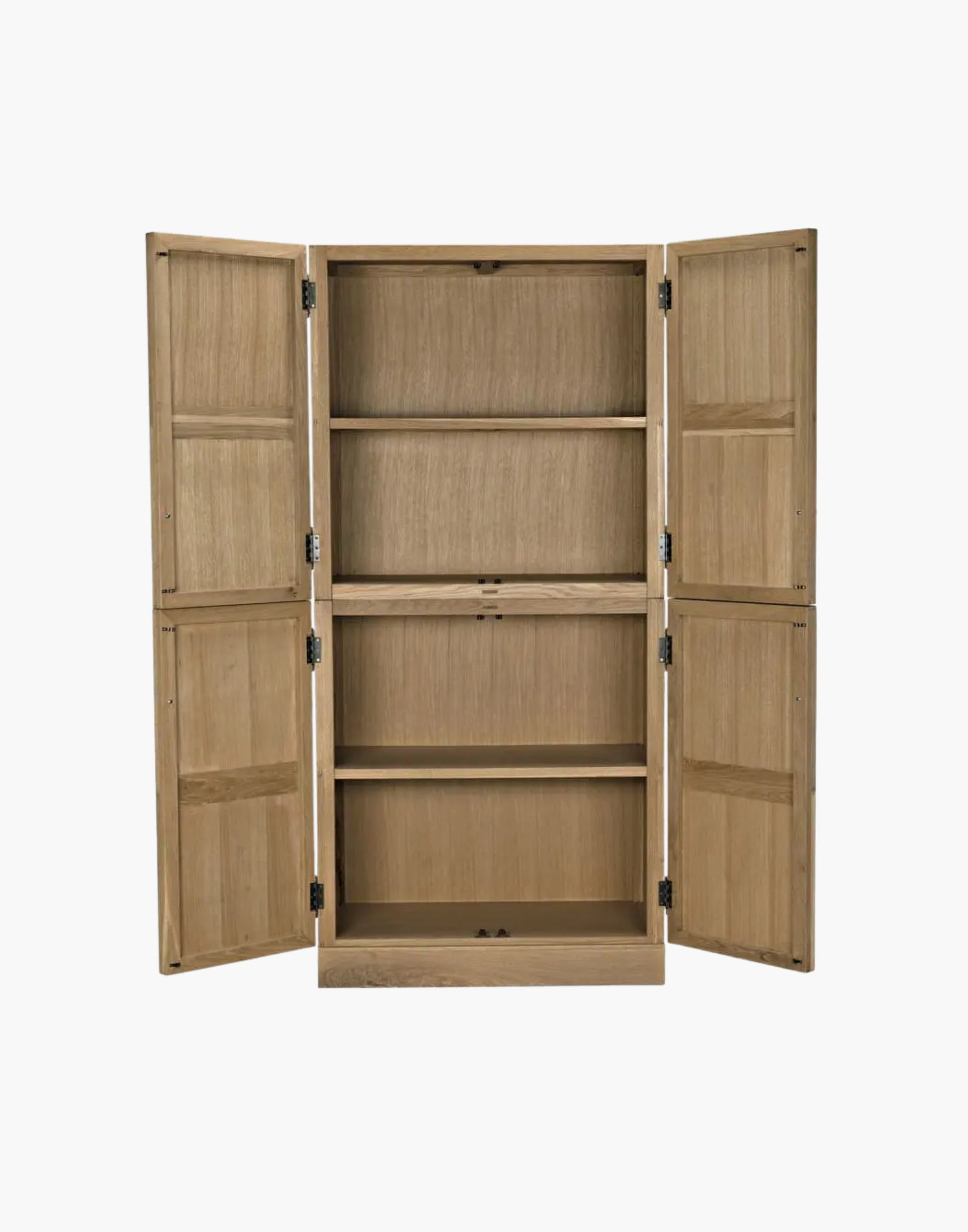 Hutch with clear finish, antique brass pulls, dual cabinets, and interior shelving for elegant storage and display.