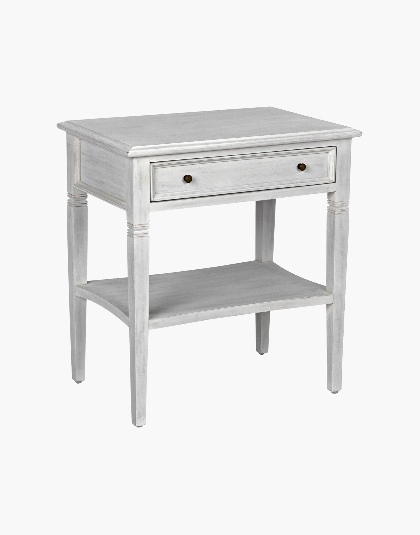 Mahogany side table with single drawer, brass pulls, tapered legs, and lower shelf, traditional design