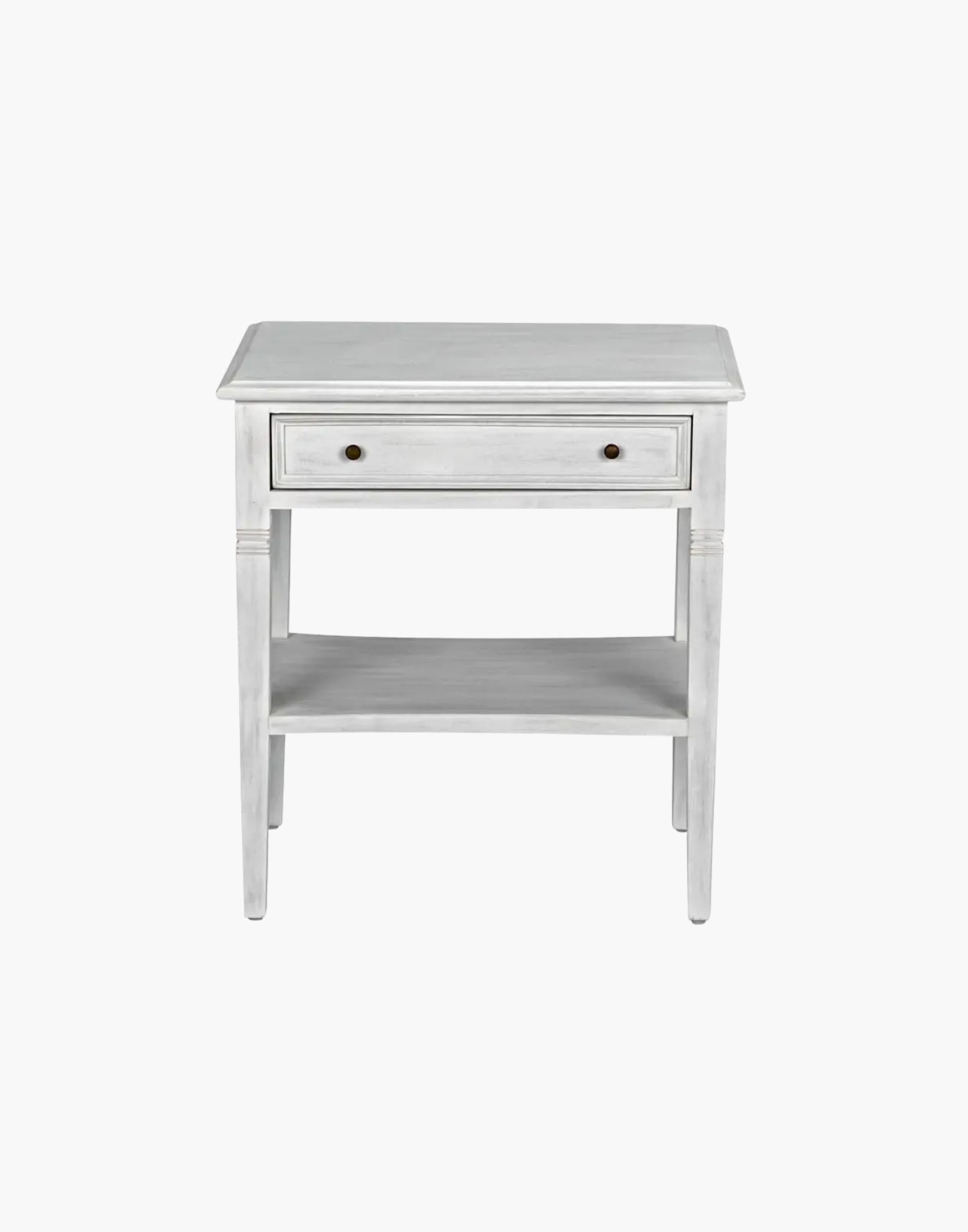 Mahogany side table with single drawer, brass pulls, tapered legs, and lower shelf, traditional design