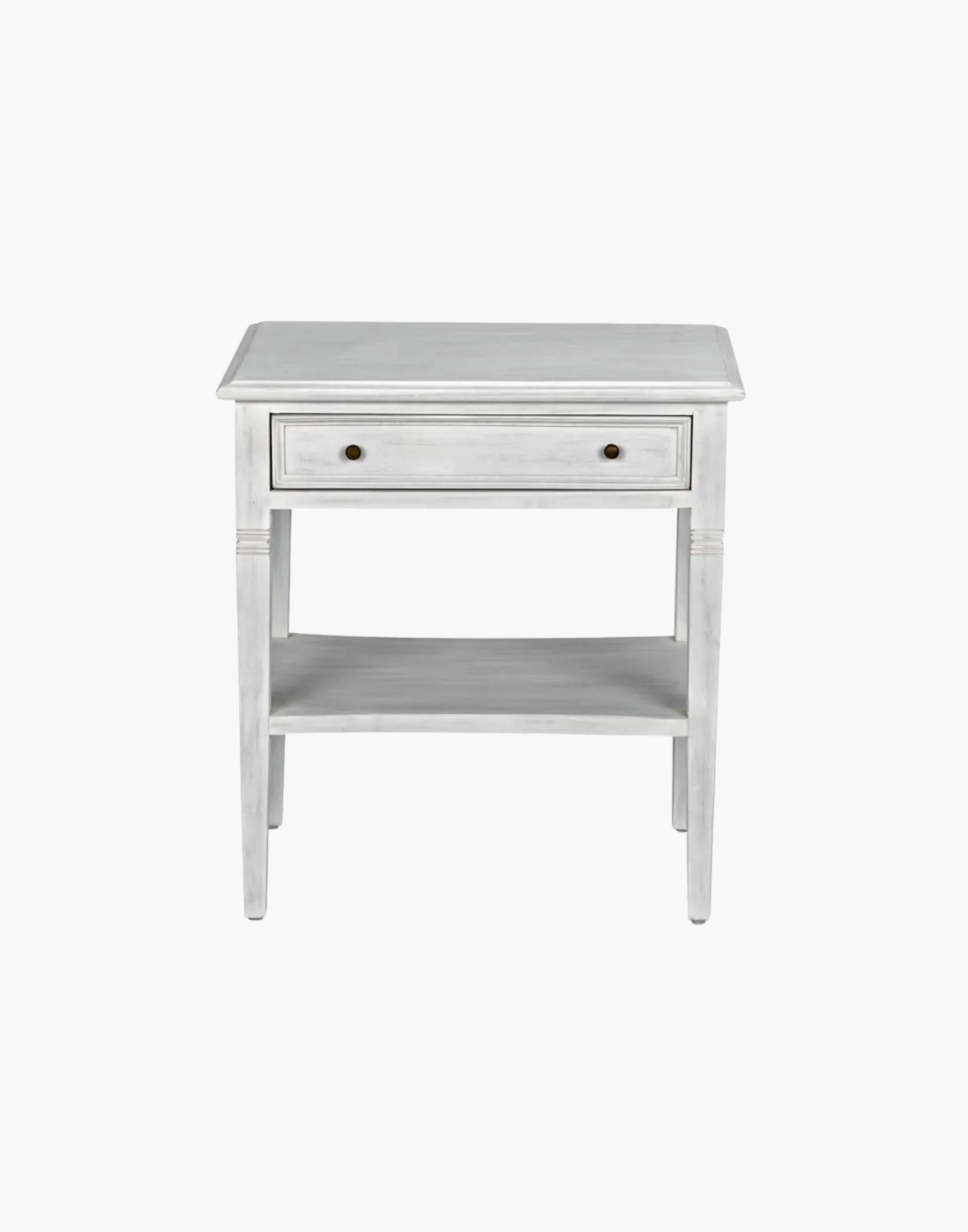 Mahogany side table with single drawer, brass pulls, tapered legs, and lower shelf, traditional design