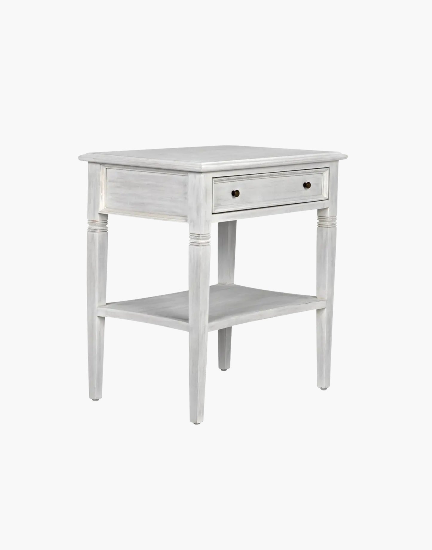 Mahogany side table with single drawer, brass pulls, tapered legs, and lower shelf, traditional design