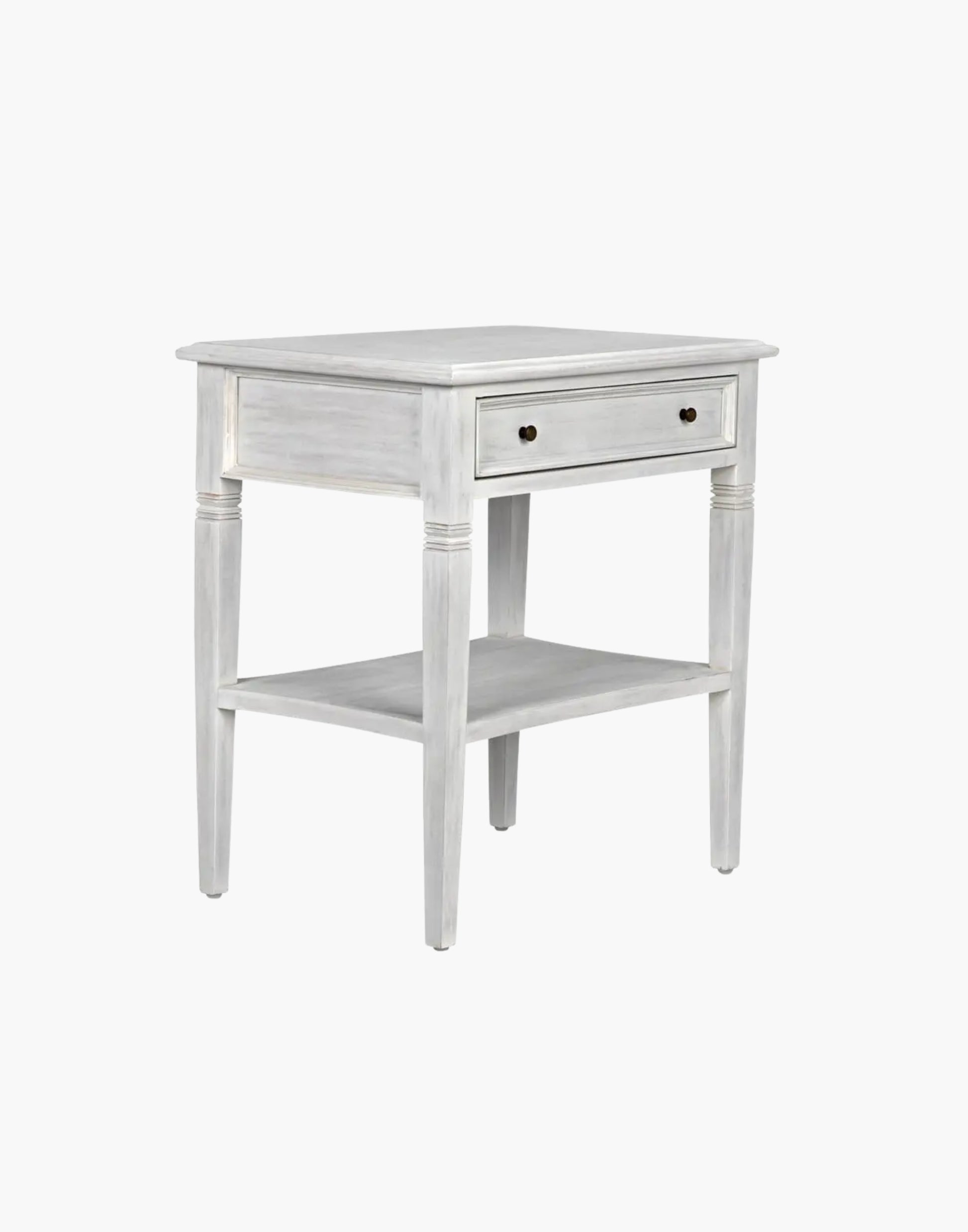 Mahogany side table with single drawer, brass pulls, tapered legs, and lower shelf, traditional design