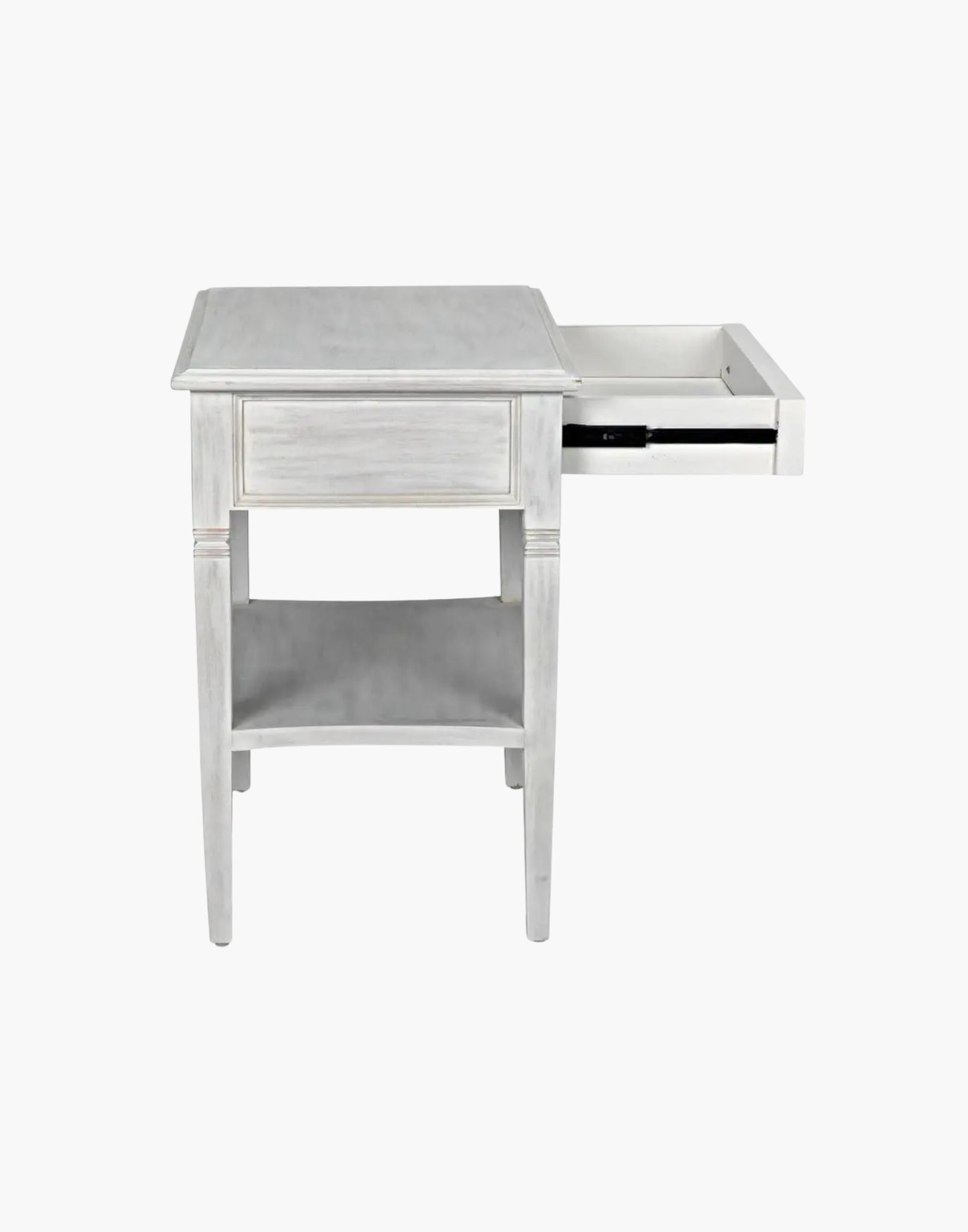 Mahogany side table with single drawer, brass pulls, tapered legs, and lower shelf, traditional design