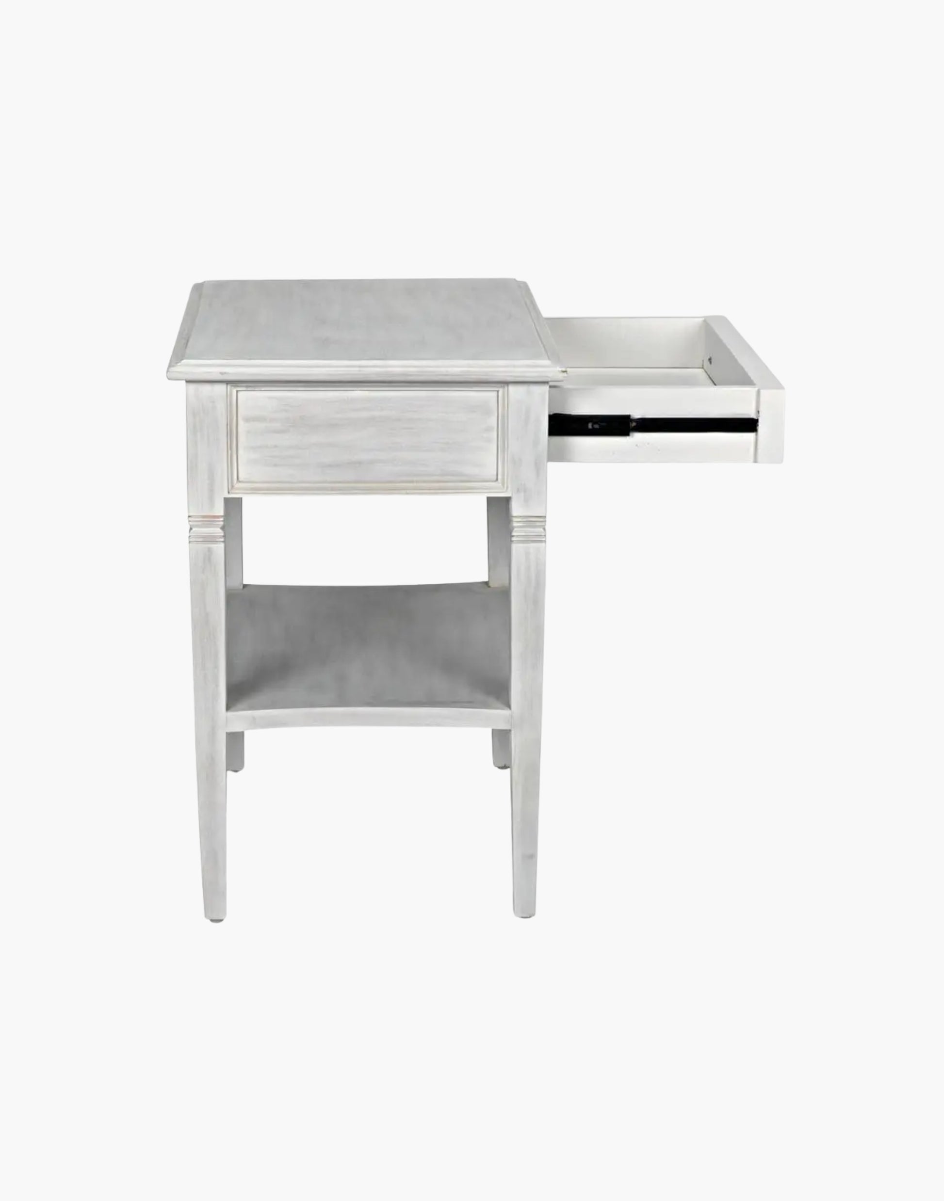 Mahogany side table with single drawer, brass pulls, tapered legs, and lower shelf, traditional design