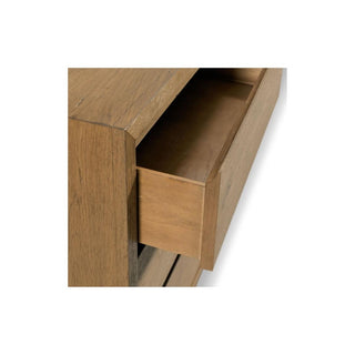 Oak and Veneer Chest with minimalist geometric form, six individual drawers molded to have finger grooves for opening, and is elevated on a recessed plinth base.